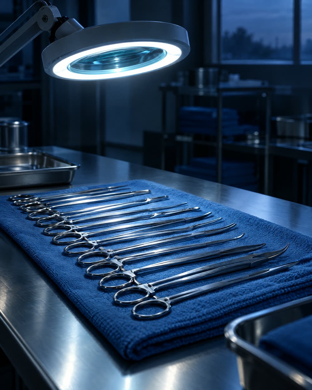 A lighted magnifier lamp over surgical instruments laid out on a blue towel for inspection.