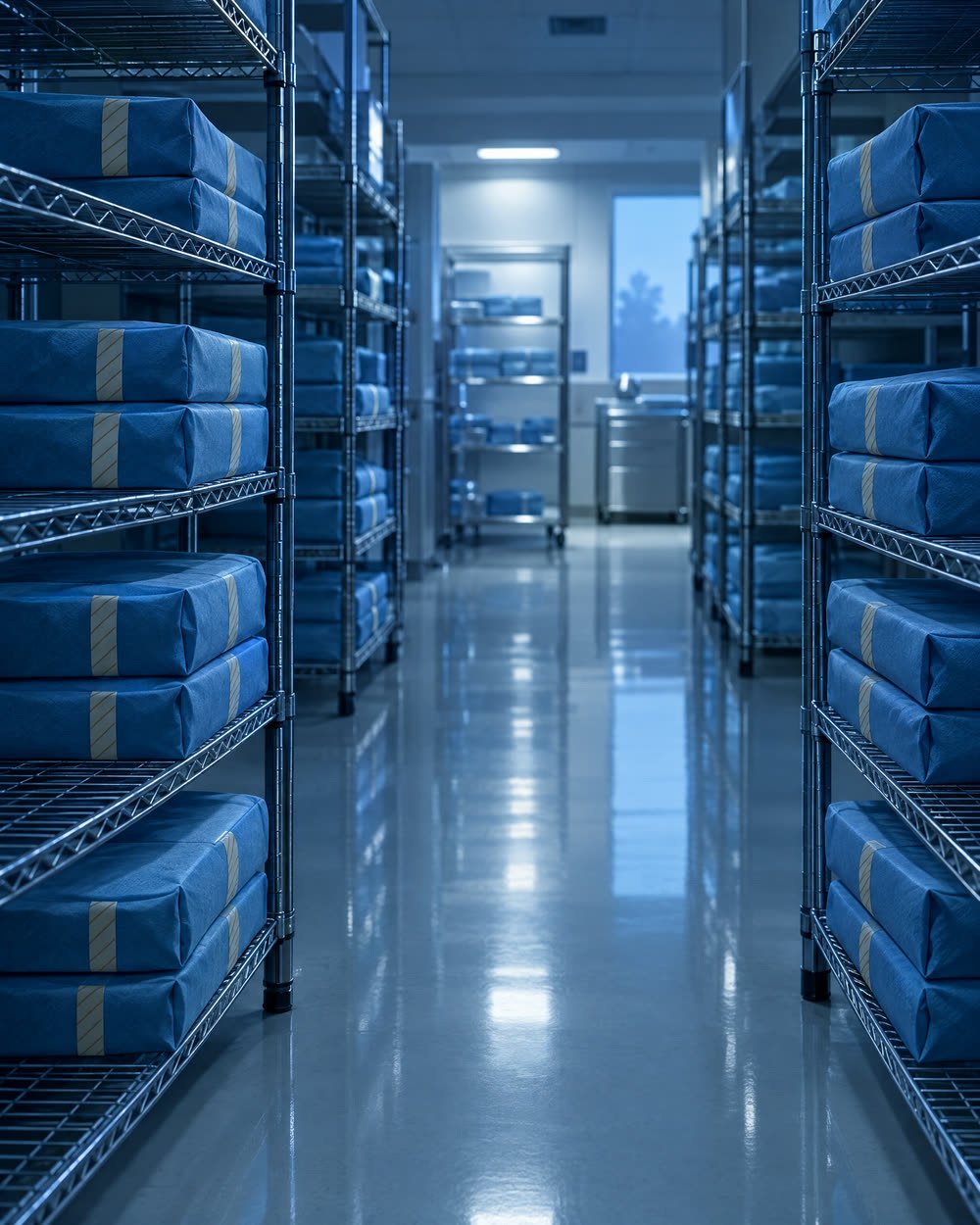 Sterile storage shelves holding rows of blue-wrapped instrument sets.