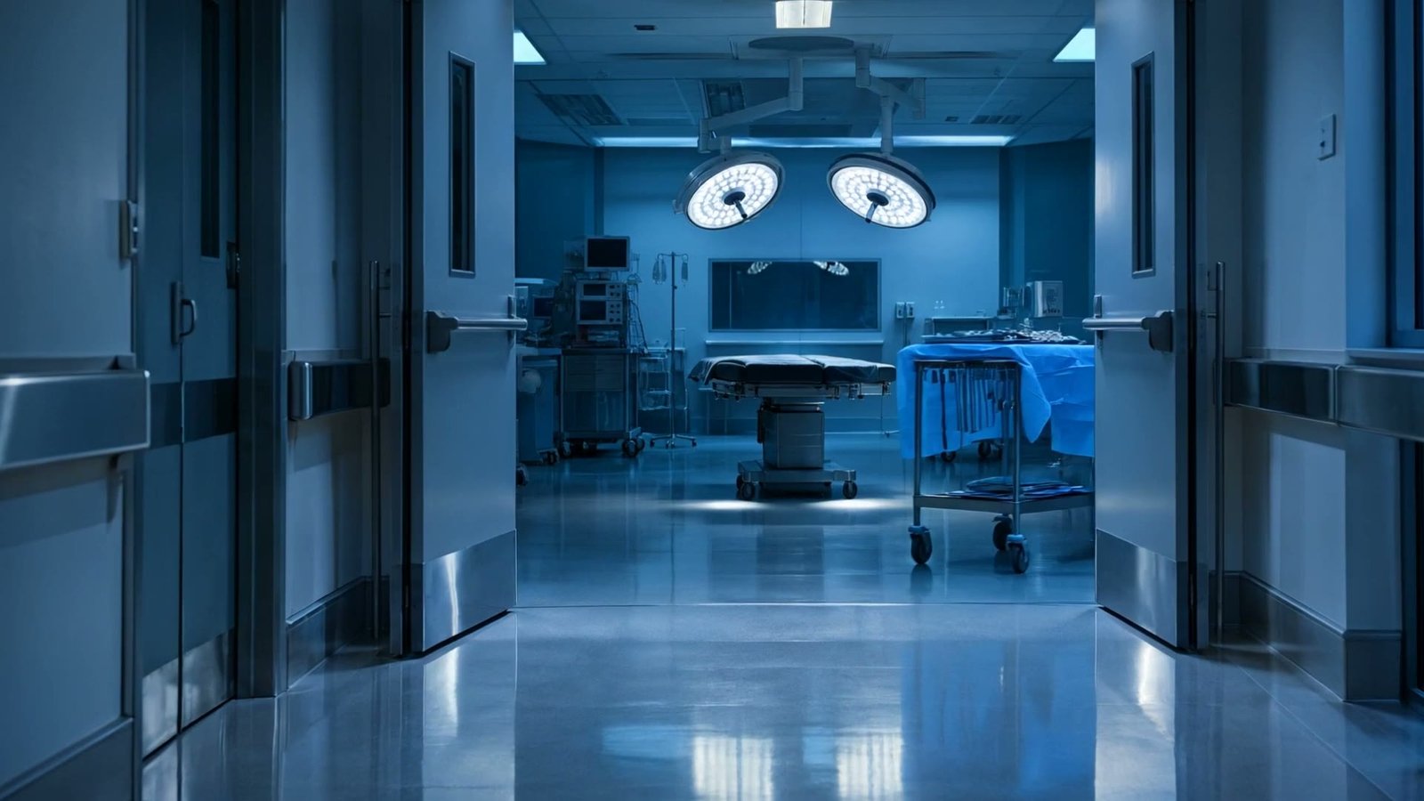 An empty operating room with the surgical lights on and an instrument tray set out, ready for the first case.